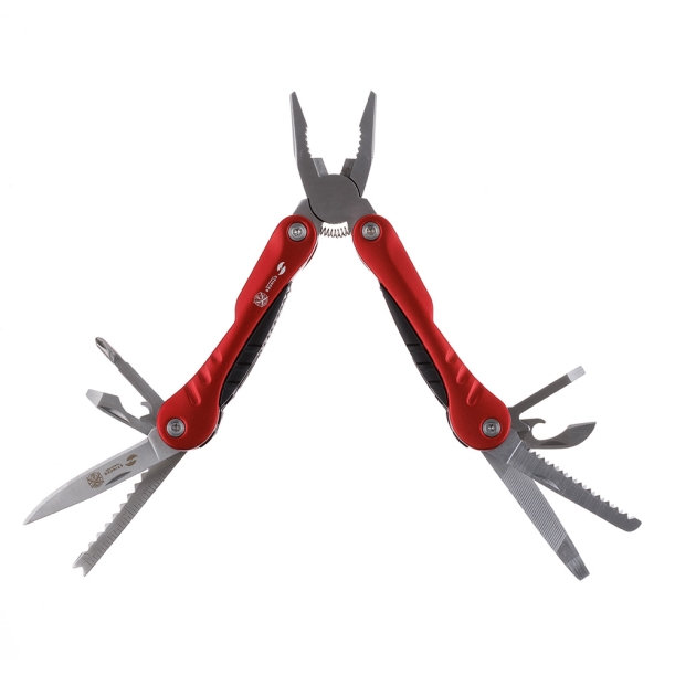 Мультитул Stinger, 103x45 мм, 15 функций,сталь, серебристо-красный, в комплекте нейлоновый чехол (Изображение 1)