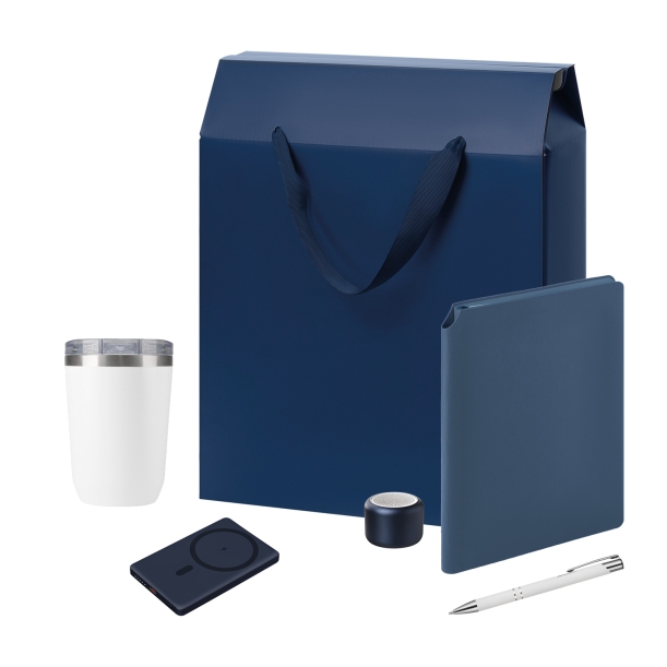 Подарочный набор Welcome Pack Premium, синий (термокружка, колонка, ежедневник, ручка, ЗУ, коробка-пакет) (Изображение 1)