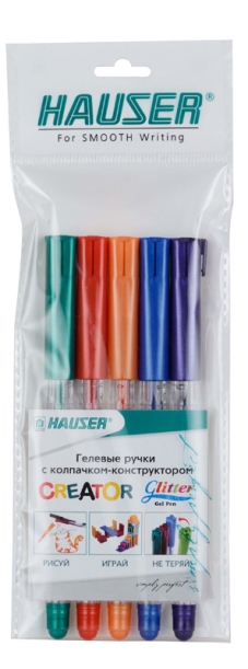 Набор: Гелевая ручка Hauser Creator Glitter Gel, чернила с блестками - 5шт, пакет (Изображение 1)