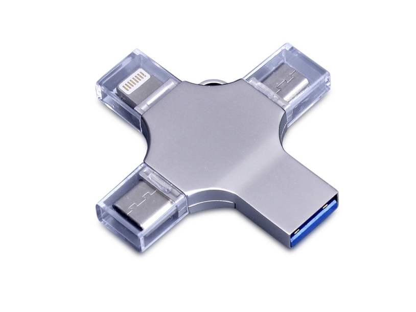 USB 3.0-флешка на 128 Гб 4-в-1 с разъемами Micro USB, Type-C и Lightning (серебристый) 128Gb (Изображение 1)