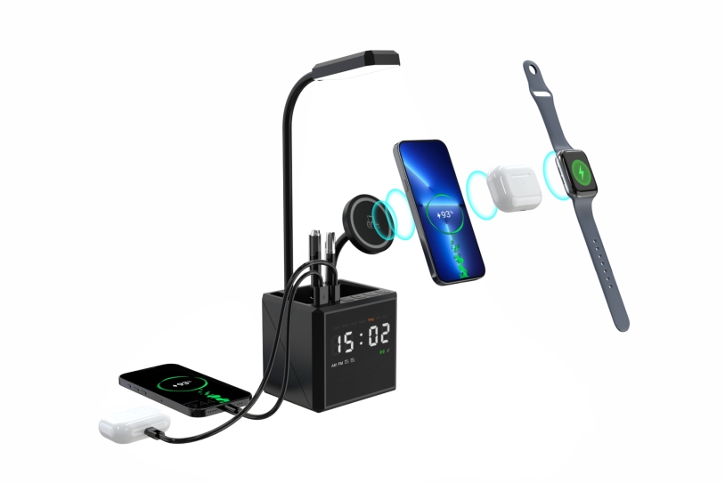 Лампа "Smart Flex" с беспроводным 3в1 (15W) ЗУ с MagSafe, часами, карандашницей и подсветкой логотипа (черный) (Изображение 2)