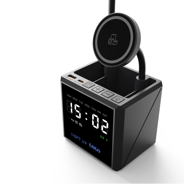 Лампа "Smart Flex" с беспроводным 3в1 (15W) ЗУ с MagSafe, часами, карандашницей и подсветкой логотипа (черный) (Изображение 3)