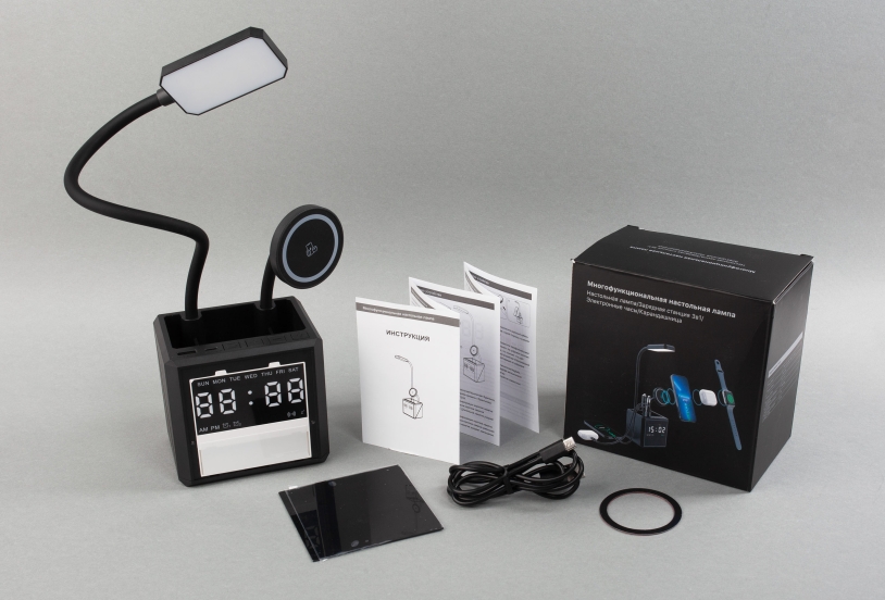 Лампа "Smart Flex" с беспроводным 3в1 (15W) ЗУ с MagSafe, часами, карандашницей и подсветкой логотипа (черный) (Изображение 8)