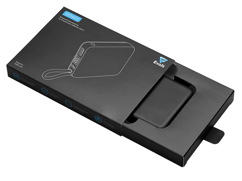 Внешний аккумулятор со встроенным кабелем USB-C Дэнси, 5000 мАч, черный (Изображение 5)