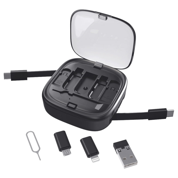 Кабель зарядный выдвижной USB Solid Link 5-в-1 на Lightning, Micro-USB, Type-C «U50» 2,4 A, C to C, Quick Charge с подставкой для телефона, квадратный, черный (Изображение 1)