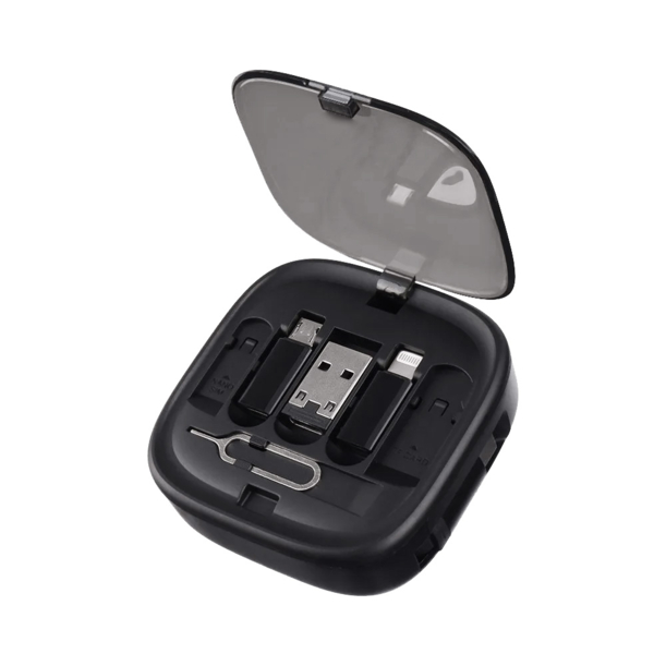Кабель зарядный выдвижной USB Solid Link 5-в-1 на Lightning, Micro-USB, Type-C «U50» 2,4 A, C to C, Quick Charge с подставкой для телефона, квадратный, черный (Изображение 2)