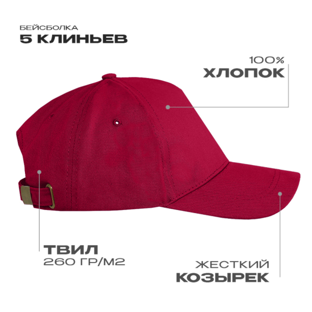 Бейсболка STAN 5 клиньев хлопок 260, 12 (Бордовый) (Изображение 1)