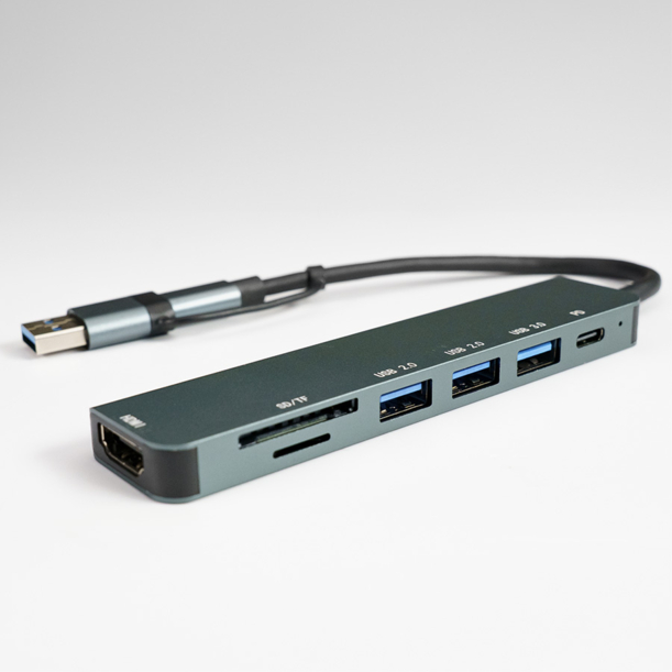 USB-хаб STEM 7 в 1, серый, алюминий (Изображение 3)