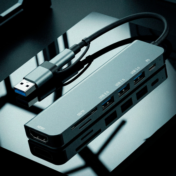 USB-хаб STEM 7 в 1, серый, алюминий (Изображение 4)