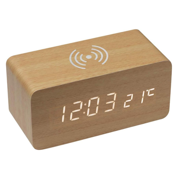 Часы настольные Wireless Time Hub с беспроводной зарядкой, термометром, календарем, светло-коричневые (Изображение 1)