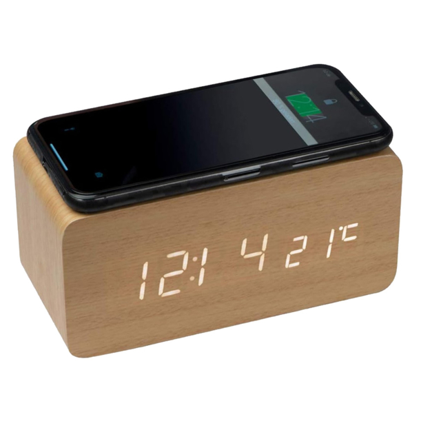 Часы настольные Wireless Time Hub с беспроводной зарядкой, термометром, календарем, светло-коричневые (Изображение 2)