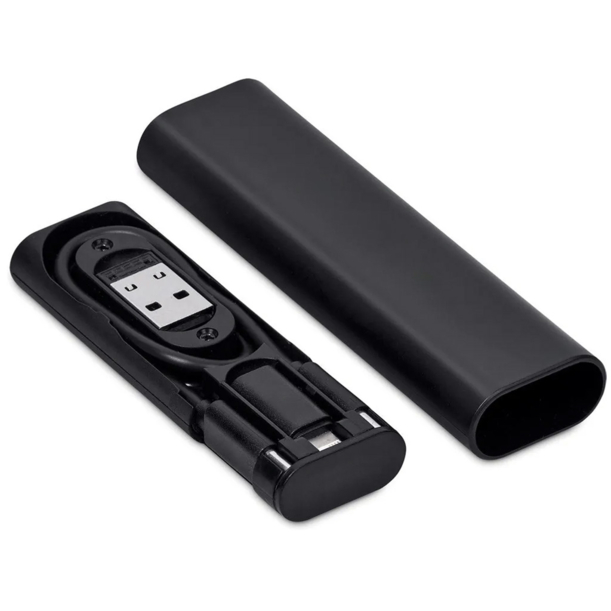 Кабель зарядный выдвижной USB Solid Line  60W 3-в-1 на Lightning, Micro-USB, Type-C «U50» 2,4 A, Quick Charge в пластиковом футляре, черный (Изображение 2)