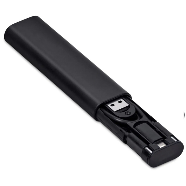Кабель зарядный выдвижной USB Solid Line  60W 3-в-1 на Lightning, Micro-USB, Type-C «U50» 2,4 A, Quick Charge в пластиковом футляре, черный (Изображение 1)
