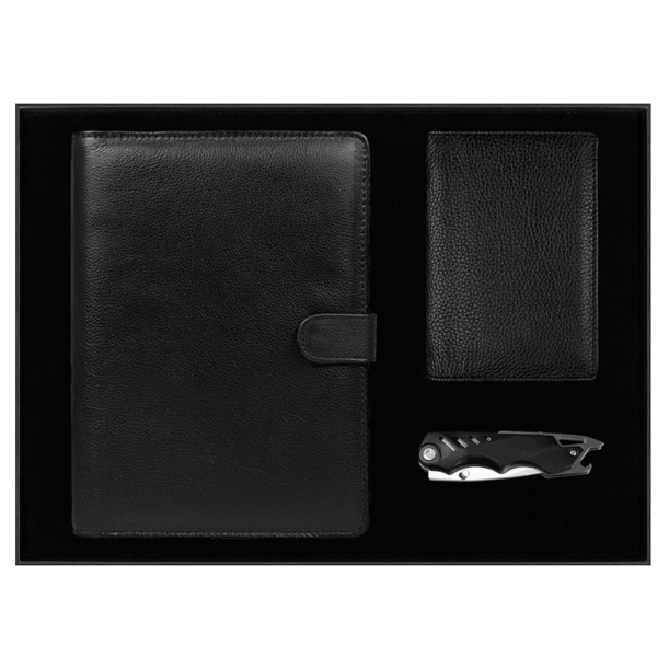 Набор подарочный Solution Prestige Quadro (Блокнот Flexy Forest Urban Latte в суперобложке Country Leather Sky, обложка для автодокументов Leather Sun, нож складной Tools Impression) (Изображение 1)