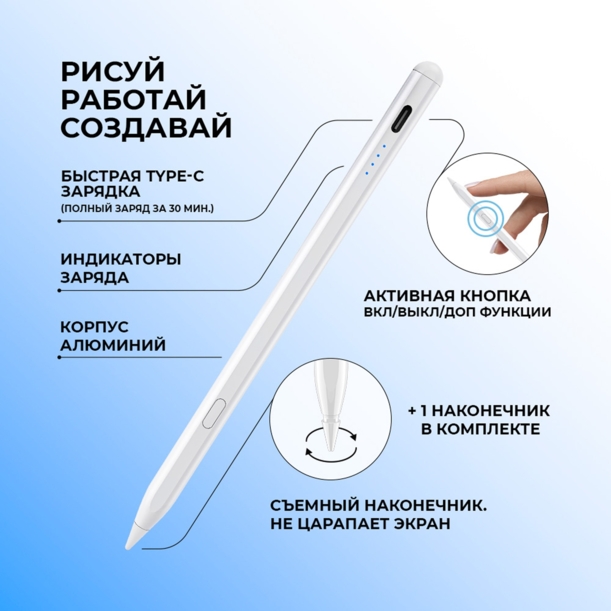 Стилус активный Magic Pencil Pro для iPad (белый)  (Изображение 3)