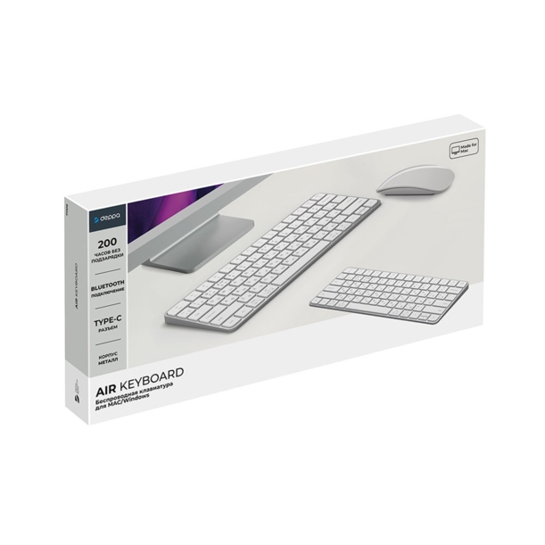 Беспроводная клавиатура Air Keyboard для MAC, Windows, 500 мАч, алюминий, белый, Deppa (Изображение 5)