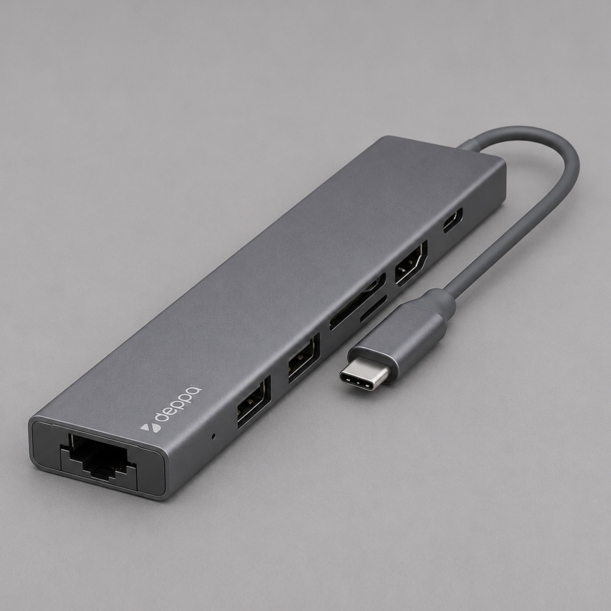 USB Type-C хаб 7-в-1, HDMI, Power Delivery, 2xUSB 3.0, RJ45, microSD/SD, графит, Deppa (Изображение 1)