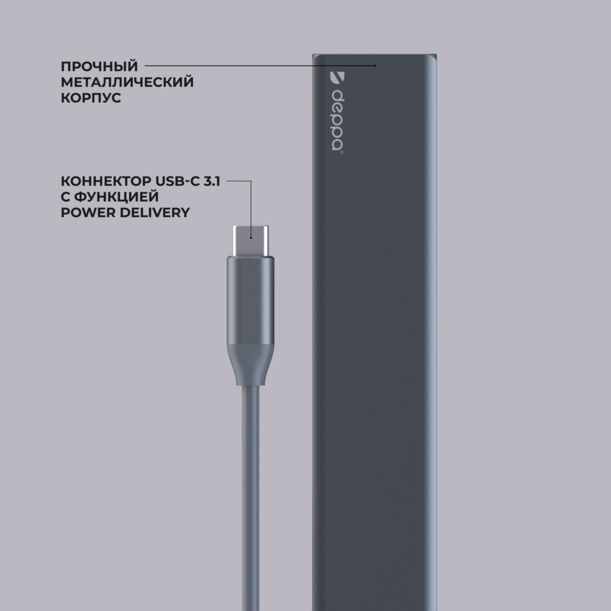 USB Type-C хаб 7-в-1, HDMI, Power Delivery, 2xUSB 3.0, RJ45, microSD/SD, графит, Deppa (Изображение 3)
