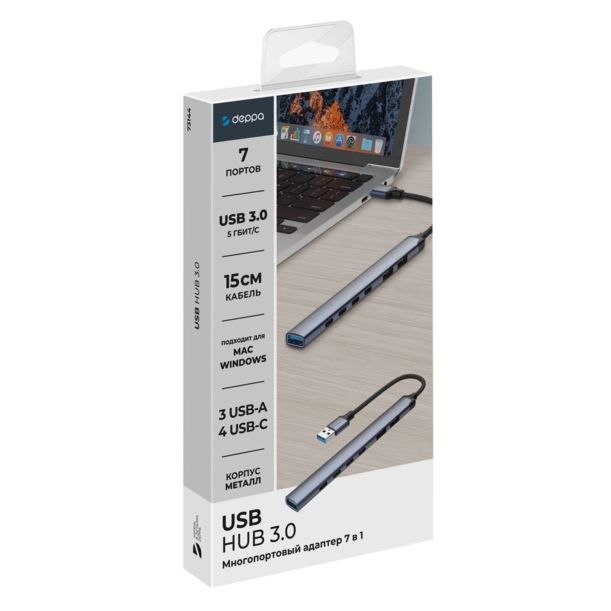 USB-хаб USB-A 3.0 + 2xUSB-A 2.0 + 4xUSB-C, серый, Deppa (Изображение 4)