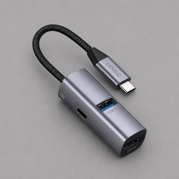 USB-хаб 3 в 1 USB-C - USB-A3.0 + USB-C PD100Вт + HDMI, серый, Deppa (Изображение 1)