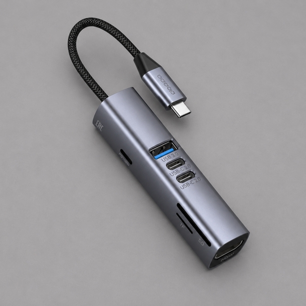USB-хаб 7 в 1 USB-C - USB-A3.0 + 2хUSB-C + USB-C PD100Вт + HDMI + SD + microSD, серый, Deppa (Изображение 1)
