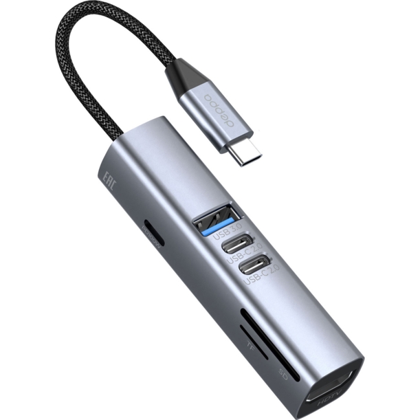 USB-хаб 7 в 1 USB-C - USB-A3.0 + 2хUSB-C + USB-C PD100Вт + HDMI + SD + microSD, серый, Deppa (Изображение 2)
