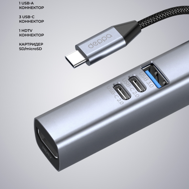 USB-хаб 7 в 1 USB-C - USB-A3.0 + 2хUSB-C + USB-C PD100Вт + HDMI + SD + microSD, серый, Deppa (Изображение 4)