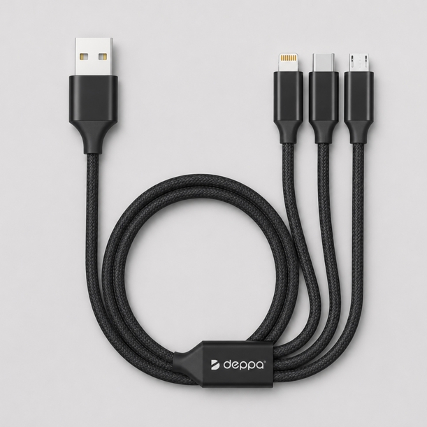 Дата-кабель 3 в 1: micro USB, USB-C, Ligthning, алюминий, 1.2м, черный, Deppa (Изображение 1)
