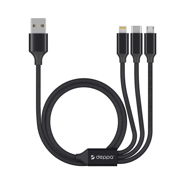 Дата-кабель 3 в 1: micro USB, USB-C, Ligthning, алюминий, 1.2м, черный, Deppa (Изображение 2)