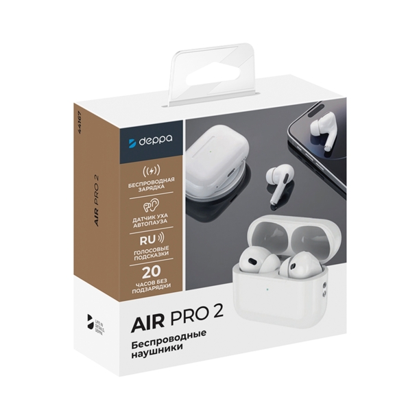 Беспроводные наушники с микрофоном Air Pro 2, TWS, BT 5.3, 300 мАч, QI, белый, Deppa (Изображение 6)