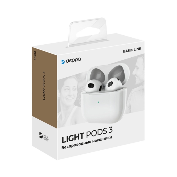 Беспроводные наушники с микрофоном Light Pods 3 , TWS, BT 5.4, 300 мАч, белый, Deppa (Изображение 4)