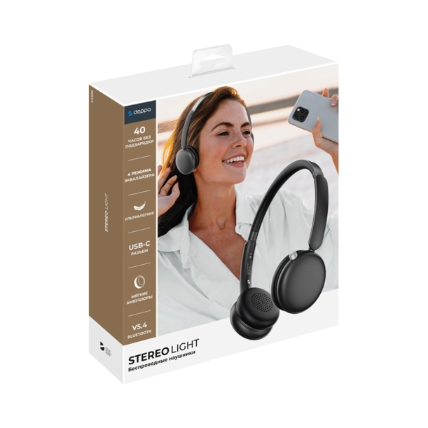 Беспроводные накладные наушники Stereo Light, BT 5.4, 300 мАч (черный)  (Изображение 6)