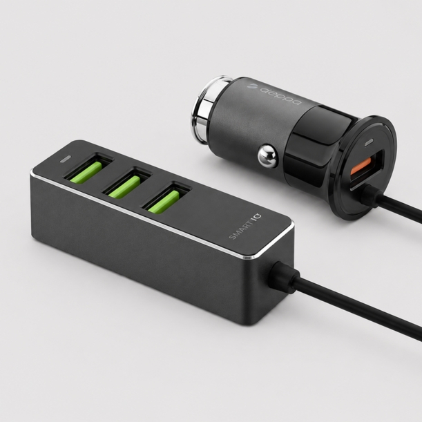 АЗУ 1 USB + 3 USB для пассажиров, QC 3.0, 7А, алюминий, графит, Deppa (Изображение 1)