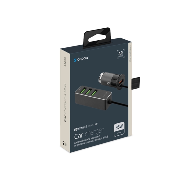 АЗУ 1 USB + 3 USB для пассажиров, QC 3.0, 7А, алюминий, графит, Deppa (Изображение 5)