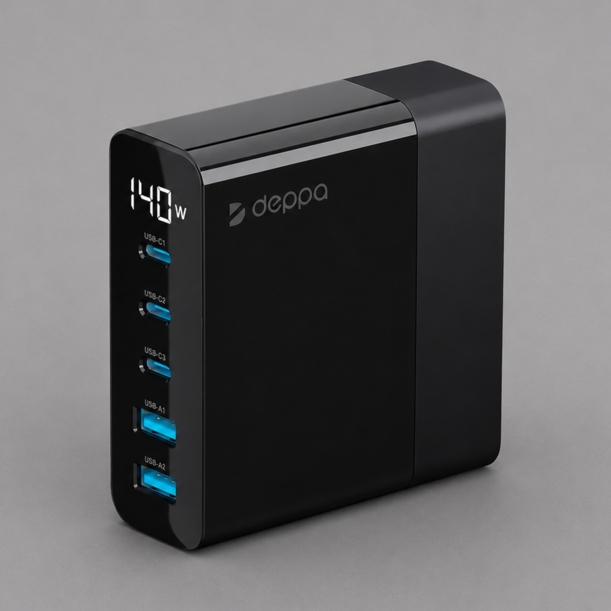 Зарядная станция 3xUSB Type-C, 2xUSB, PD, QC, 140Вт, черный, Deppa (Изображение 1)