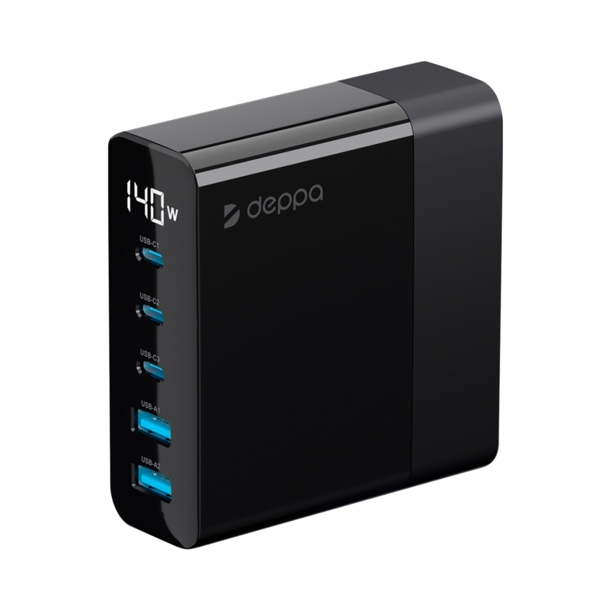 Зарядная станция 3xUSB Type-C, 2xUSB, PD, QC, 140Вт, черный, Deppa (Изображение 2)