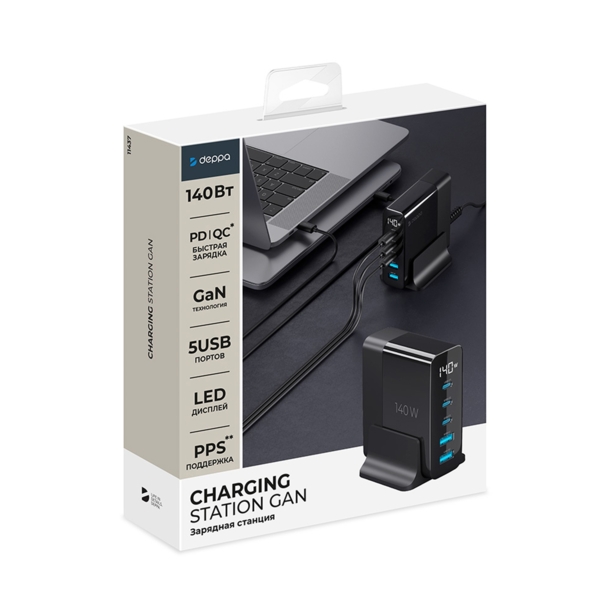 Зарядная станция 3xUSB Type-C, 2xUSB, PD, QC, 140Вт, черный, Deppa (Изображение 6)