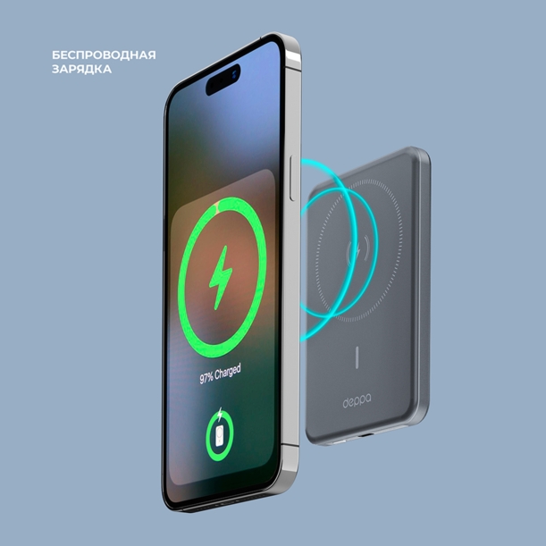 Внешний АКБ NRG MageSafe Alum 5000 мА-ч, 15Вт QI, серый, Deppa (Изображение 4)