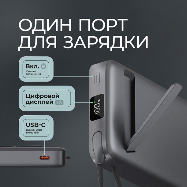 Внешний АКБ NRG MageSafe QI2 10000 мА-ч, 15Вт QI, серый, Deppa (Изображение 4)