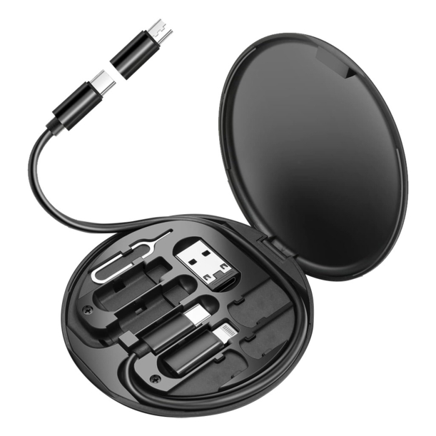 Кабель зарядный выдвижной USB Light Sound  60W 3-в-1 на Lightning, Micro-USB, Type-C «U50» 2,4 A, Quick Charge в пластиковом футляре, черный (Изображение 4)