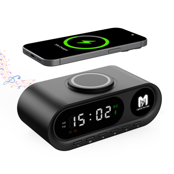 Настольные часы "Smart Hub" с bluetooth колонкой 5Вт, беспроводной (15W) зарядкой и подсветкой логотипа (черный) (Изображение 1)