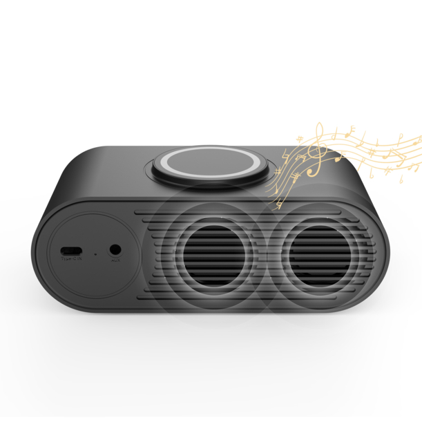 Настольные часы "Smart Hub" с bluetooth колонкой 5Вт, беспроводной (15W) зарядкой и подсветкой логотипа (черный) (Изображение 3)