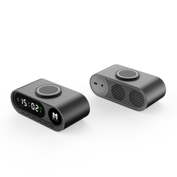 Настольные часы "Smart Hub" с bluetooth колонкой 5Вт, беспроводной (15W) зарядкой и подсветкой логотипа (черный) (Изображение 4)