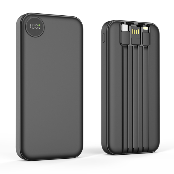 Зарядное устройство "Форт" 10000 mAh с подсветкой логотипа, встроенными кабелями и цифровым индикатором заряда (черный) (Изображение 2)