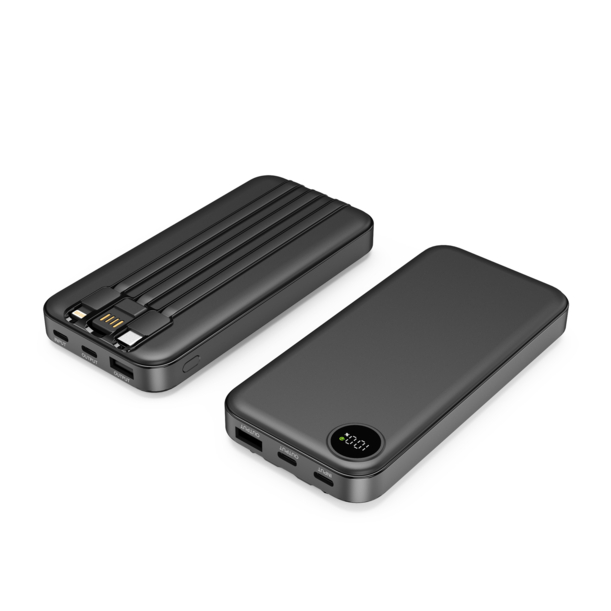 Зарядное устройство "Форт" 10000 mAh с подсветкой логотипа, встроенными кабелями и цифровым индикатором заряда (черный) (Изображение 3)