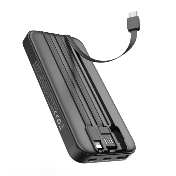 Зарядное устройство "Форт" 10000 mAh с подсветкой логотипа, встроенными кабелями и цифровым индикатором заряда (черный) (Изображение 4)