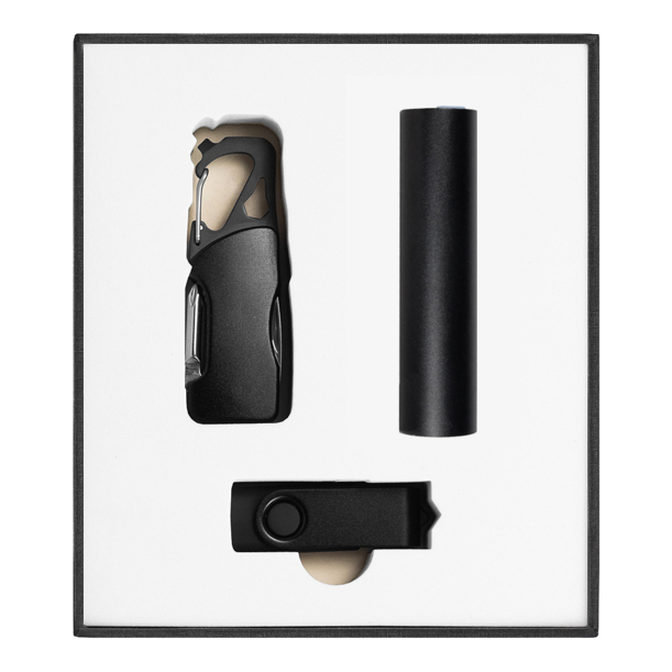 Набор подарочный Solution Superior Trio (флешка USB 2.0 Twister 16GB, пластик Софт Тач/металл, черный/черный, фонарик Tools Spot, брелок-карабин Tools Module) (Изображение 1)