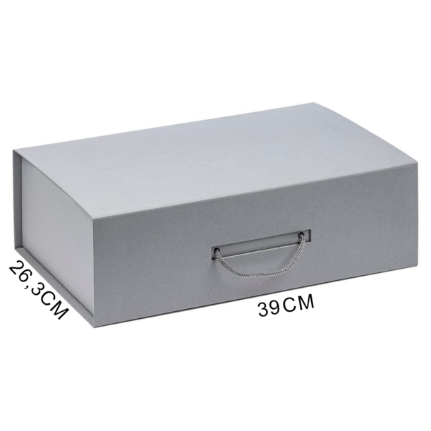 Подарочная коробка, размер 39*26,3*11 см, Solution Prestige Big Case Linen с магнитным клапаном и ручкой , с EVA ложементом 36,8*25,1*4 см под индивидуальную вырубку, серебристая (Изображение 1)