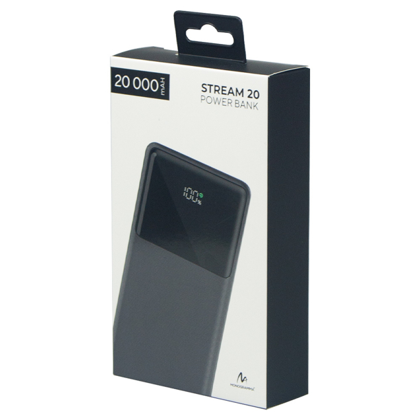 Внешний аккумулятор (powerbank) «Stream 20», 20 000 mAH, с двумя зарядными шнурами,  22,5W (Ватт)  super fast charge, Power Delivery (PD) 25.5W (dfnn), c цифровым дисплеем для контроля заряда, черный (Изображение 7)