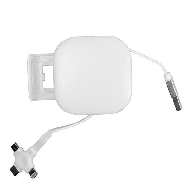 Кабель зарядный выдвижной USB Wingle 3-в-1 на Lightning, Micro-USB, Type-C «U50» 2,4 A, Quick Charge с подставкой для телефона, квадратный, белый (Изображение 3)